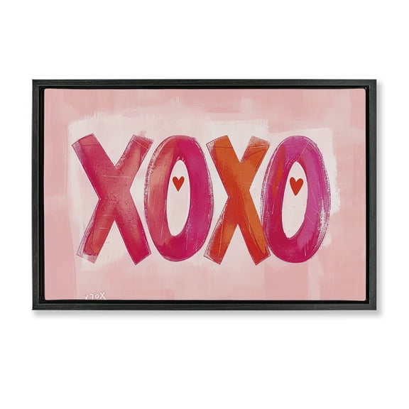 Stupell Industries Pink XOXO with Hearts Quotes and Sayings Painting Black Floater Framed Canvas Art Print Wall Art, 25 x 17