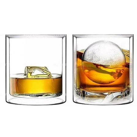 Set of 2 Double Wall Insulated Glass Hand Blown Rocks Whiskey Glass