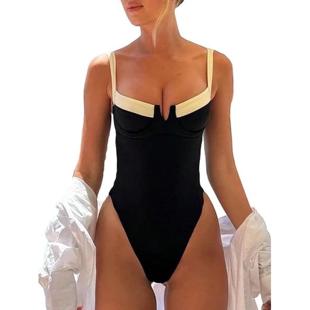 LAPRBY - Traje de baño de una pieza para mujer, con control de barriga, sin mangas, cuello en V, color blanco y negro, para mujer