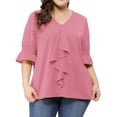 thumbnail image 1 of Women's Plus Size Ruffle Blouse V Neck Smocked Sleeves Top Pink 4X, 1 of 6