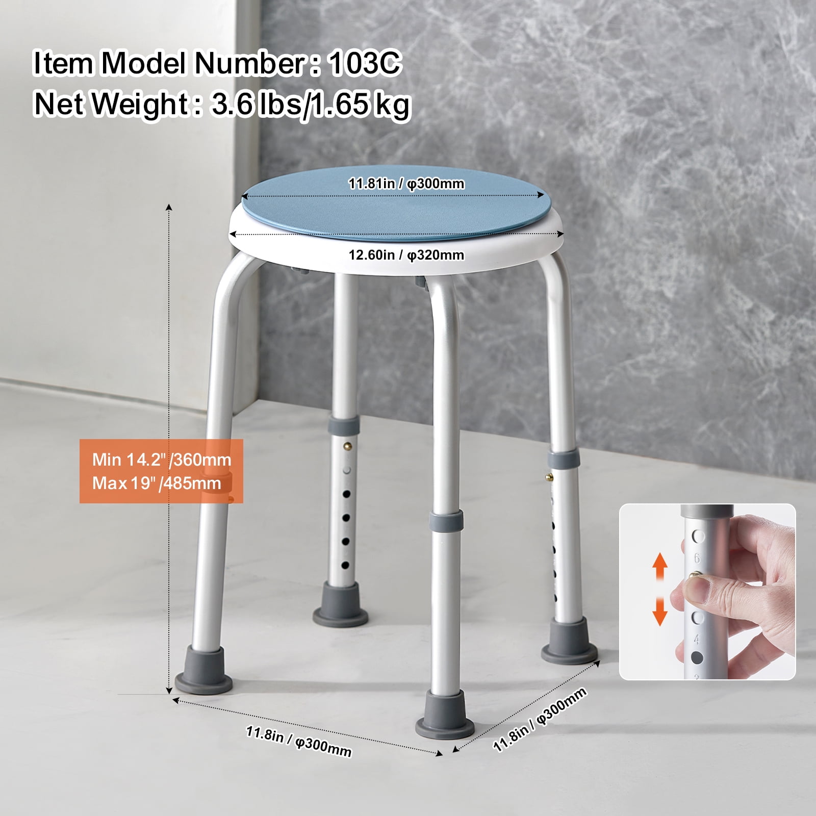 KFFKFF Rotating Bath Chair, Height-Adjustable Shower Stool, Secure Bathtub Chair with Anti-Slip Feet for Seniors, Disabled, Handicap, Supports up to 300 lbs