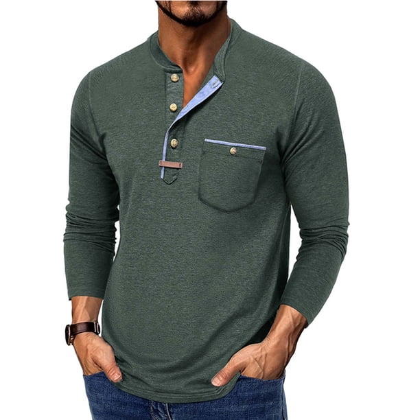 pstuiky manga larga para hombre, Cárdigan informal de color liso para hombre, con botones, bolsillo y mangas largas y cuello redondo Tops de talla grande para hombre m