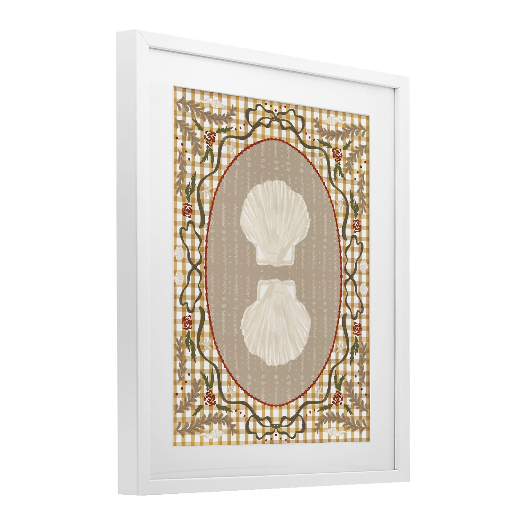 Stupell Industries Vintage Shells on Gingham White Framed Print Under Glass, design by Vero Illustrates