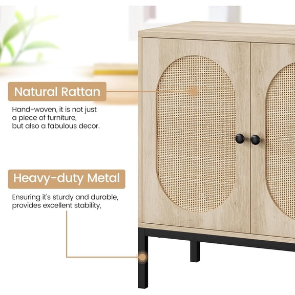 Acekid Rattan Storage Cabinet 31.5inch 2-Tier Shelf Sideboard Kitchen Sideboard Accent Cabinet Boho Cupboard Conso
