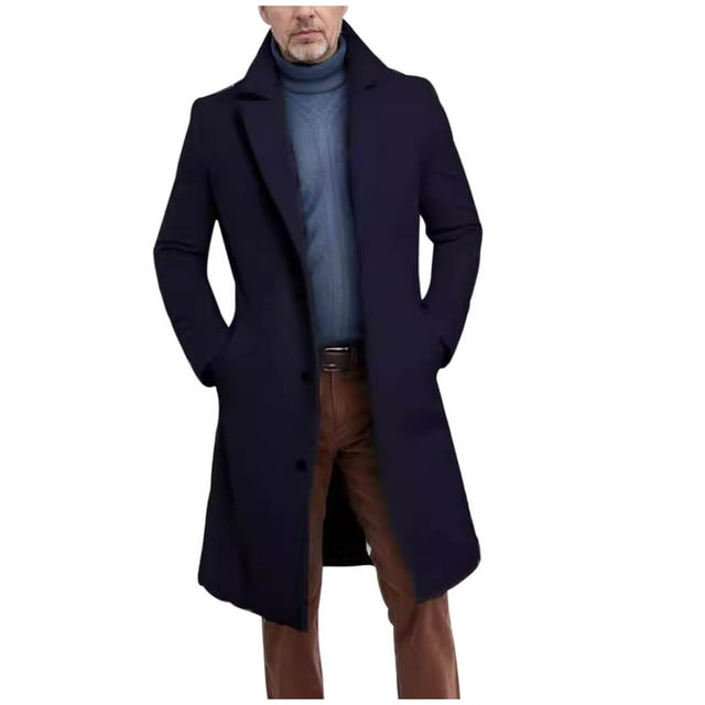 Pisexur Trench Coat for Men Men's Fashion Casual Solid Color Buttons Pockets Long Sleeve Hoodless Casual Long Outwear Trench Coat Wool Coat Men Men Winter Jacket