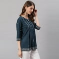 thumbnail image 6 of Janasya Indian Round Neck 3/4 Sleeve Embroidered Navy Blue Cotton Tunic For Women, 6 of 8