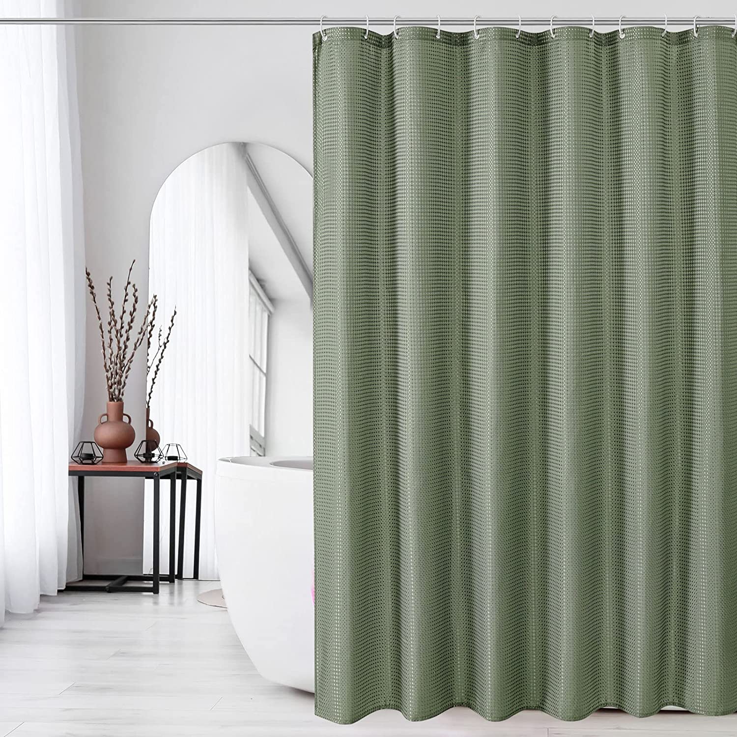 Sage Green Shower Curtain, Waffle Weave Textured Fabric Shower Curtain
