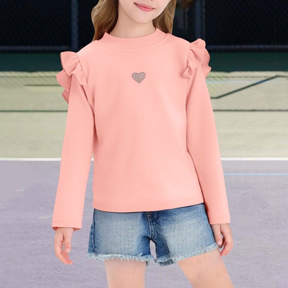 LIJCC Toddler Girls Cotton Long Sleeve Crewneck Casual Plain Solid Top Blouse T-Shirt Comfort Soft Thick Basic Tee Tops with Ruffles Trim