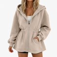 thumbnail image 2 of DJDLJWCJ Women Zip Up Hoodies Fleece Lined Loose Fit Long Hoodie Sweatshirt Drawstring Solid Color Hooded Jackets Khaki Size M, 2 of 7