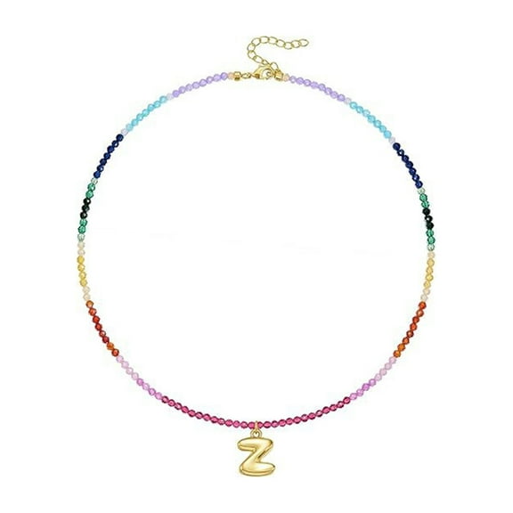 Adjustable Rainbow Bubbled Letter Necklace With Colorful Gemstones Beads 14K Gold Plated Beach Jewelry Accessory