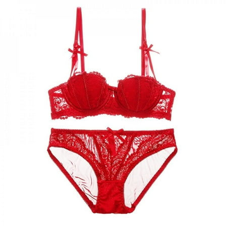 

Lingerie Set Lace Half Cup Bra Set Ladies Wireless Thin Cotton Breathable Underwear Solid Color Bow Underwear Set