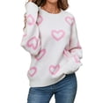 thumbnail image 3 of Womens Fall Sweaters Heart Print Long Sleeve Crew Neck Striped Pullover Loose Knitted Jumper 2025 White S, 3 of 9
