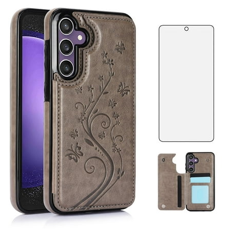 Asuwish Compatible with Samsung Galaxy S23 FE 5G Wallet Phone Case Tempered Glass Screen Protector and Flower PU Leather Credit Card Holder Stand Slot Cell Cover for S 23 EF S23FE 23S Women Men Grey
