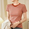 thumbnail image 5 of HOMBOM Fall Women Blouses Dressy Striped 2025 Red Crew Neck Short Sleeve Slim Fit Cotton T-shirt S, 5 of 7