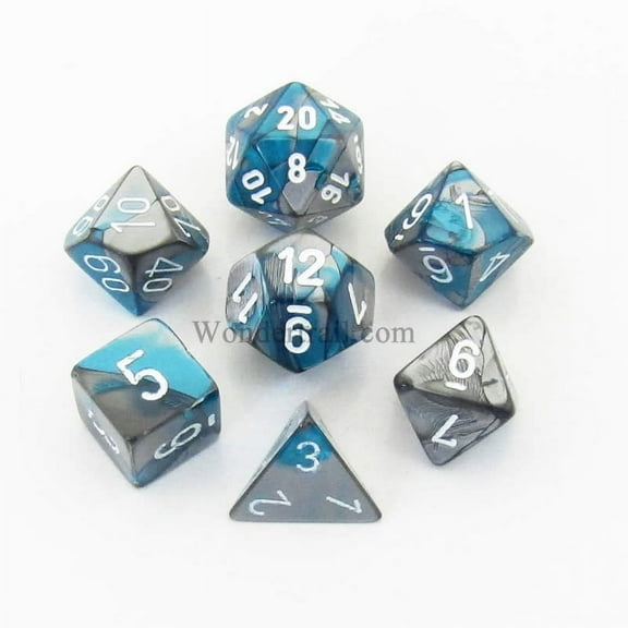 Steel and Teal Gemini Dice with White Numbers 7 Dice Set 16mm (5/8in) Chessex