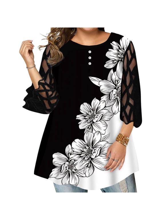Womens 3/4 Sleeve Mesh Sheer Patchwork Tunic Tops Plus Size Floral Blouse