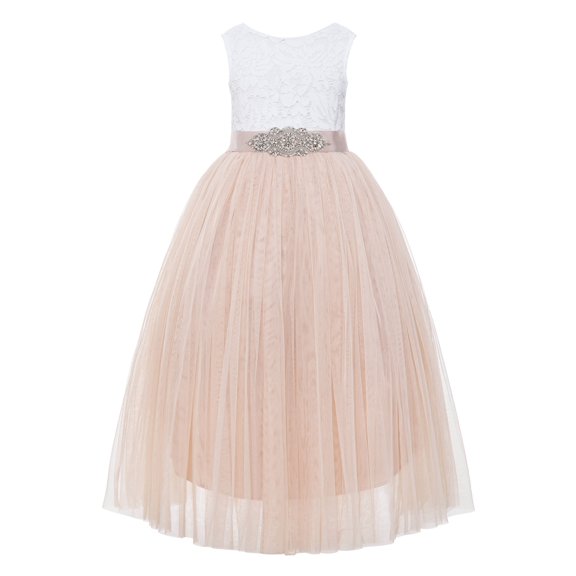 Ekidsbridal Girl Pageant Flower Girl Dress - Backless Floral Lace Floor Length Tulle 207R3-A (Size: M-10)