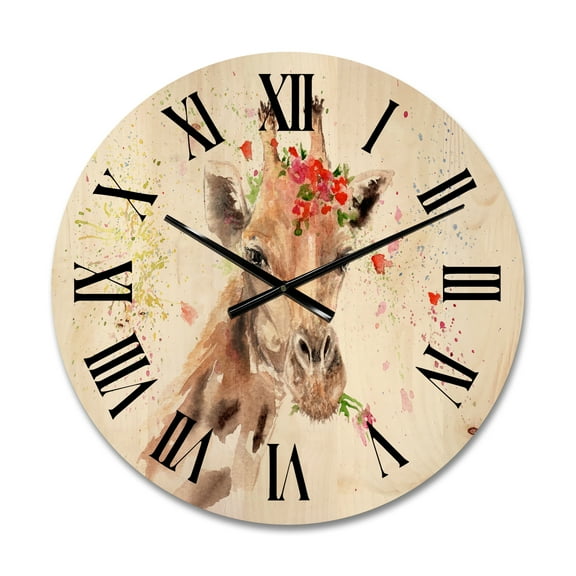 Designart 'Portrait of A Giraffe With Red Flowers II' Farmhouse Wood Wall Clock