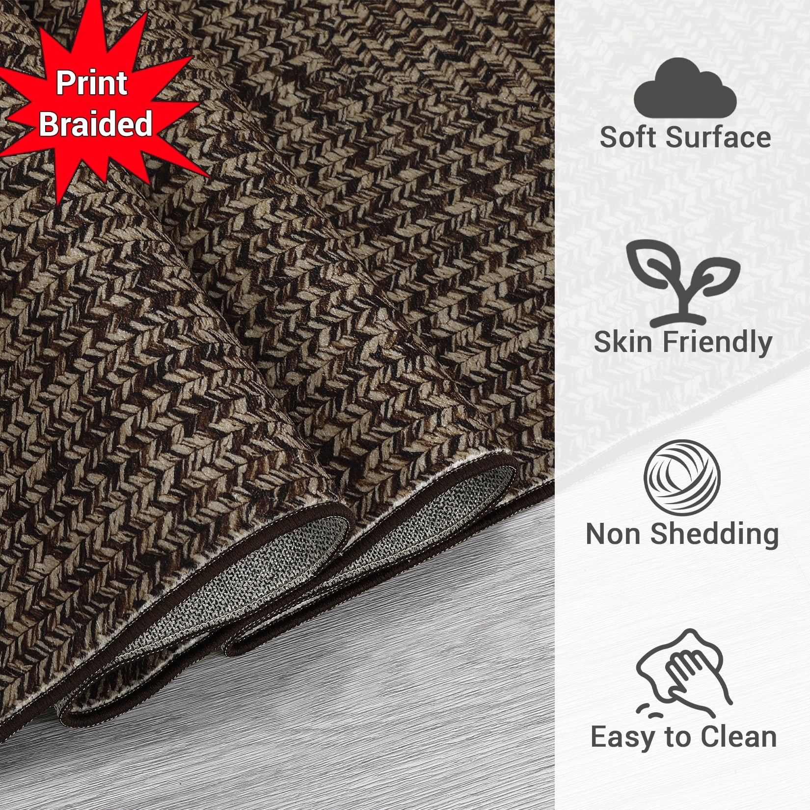 Garvee 9'x12' Large Area Rugs Braided Print Rug, Machine Washable Indoor Rug Non-Slip Low Pile Farmhouse Solid Carpet for Bedroom, Living Room, Dining Room Office, Brown