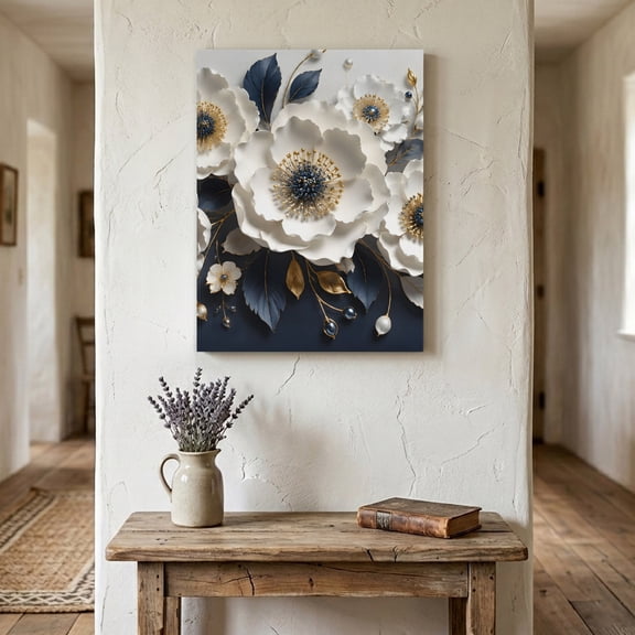 White Anemones Canvas Wall Art for Living Room Bedroom Bathroom, Rustic Floral Golden Leaf Veins Deep Navy Backdrop Canvas Art Wall Decor, Artwork for Walls Home Office Decor, 8"x12"