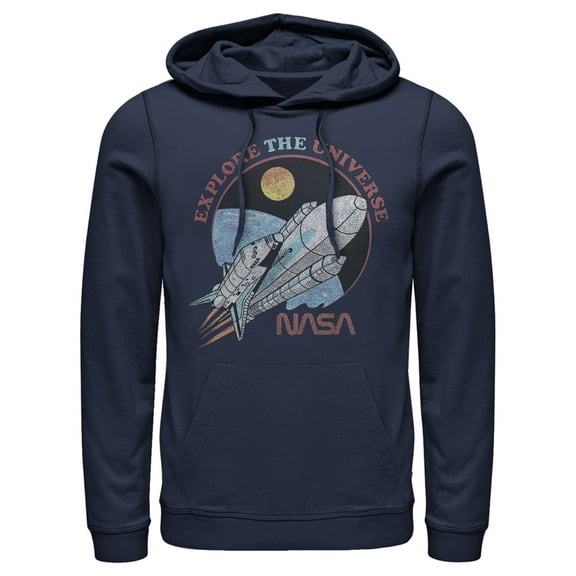 Men's NASA Explore The Universe Circle Portrait  Pull Over Hoodie Navy Blue Large