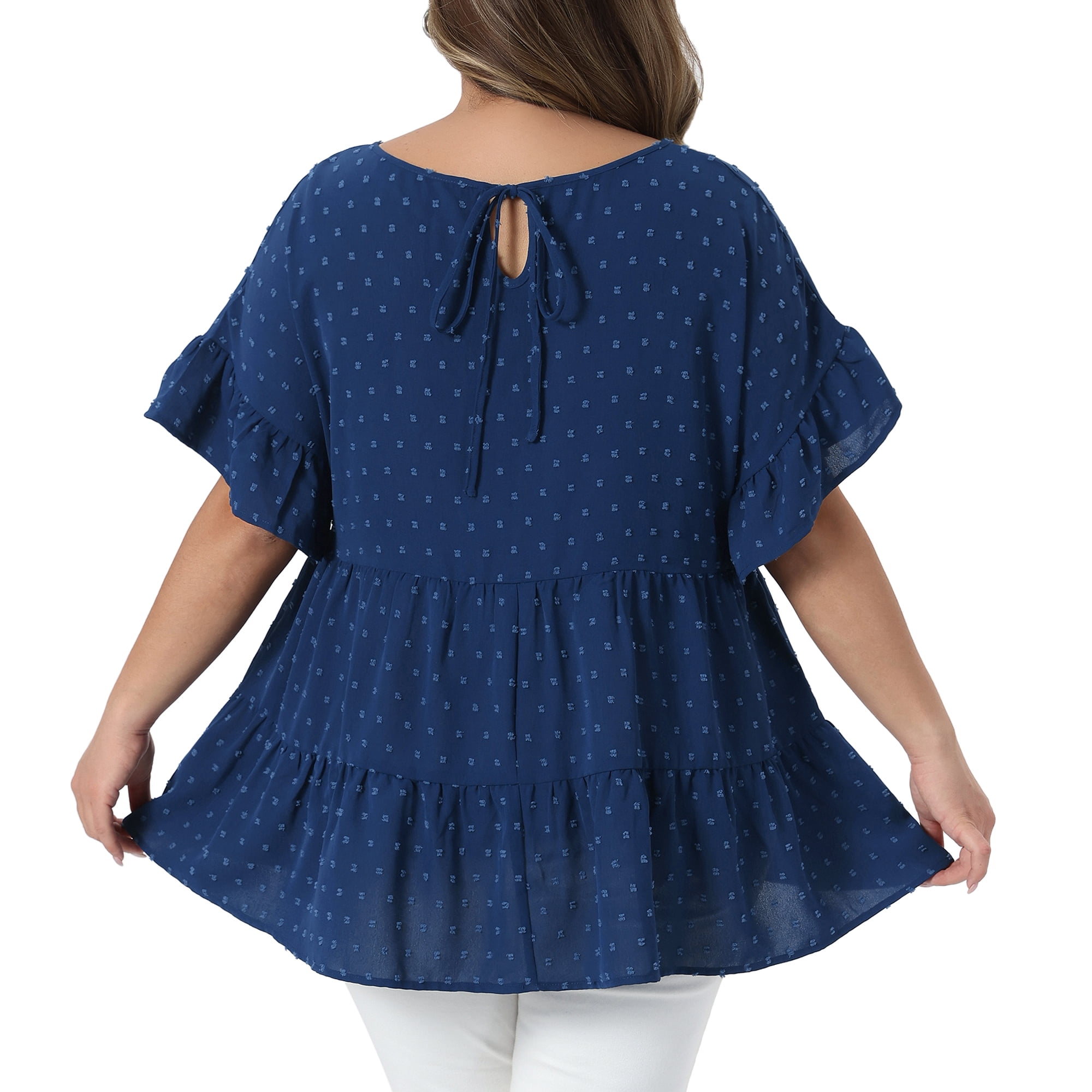 Women's Plus Summer Tops Crew Neck Ruffle Short Sleeve Tiered Swiss Dots Blouses 4X Dark Blue