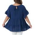 thumbnail image 4 of DARING DIVA Women's Plus Tops Crew Neck Ruffle Tiered Swiss Dots Blouses 1X Dark Blue, 4 of 6