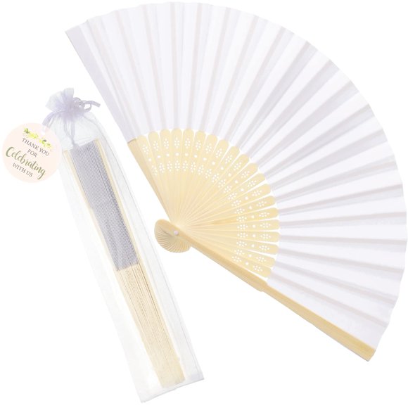 Set Hand Fans Cosweet 60 para boda con etiquetas de agradecimiento y bolsas