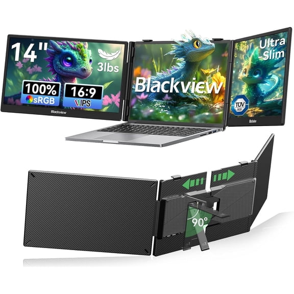 Blackview Laptop Screen Extender, 14" 1080P FHD IPS Triple Portable Monitor, Ultra-Slim Travel Dual Monitor Fit for 13"-17.3" Laptops, USB-C Plug&Play Extended Screen for Windows/Mac/Android/Switch