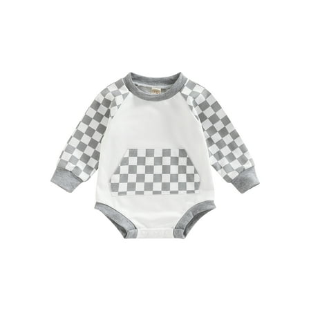 

Douhoow Baby Long Sleeve Romper Infant Plaid Patchwork Front Pocket Playsuit Casual Bodysuit