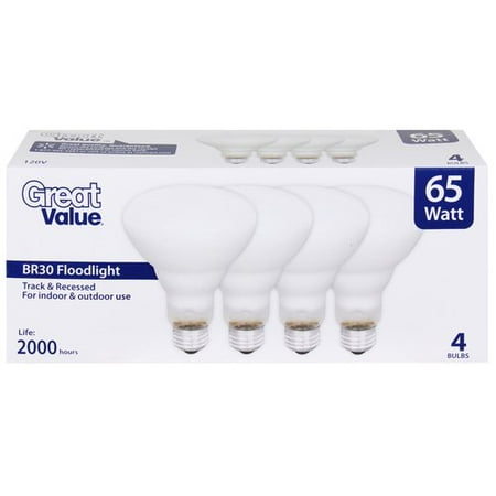 Great Value 65W Halogen BR30 Light Bulb, White, 4pk