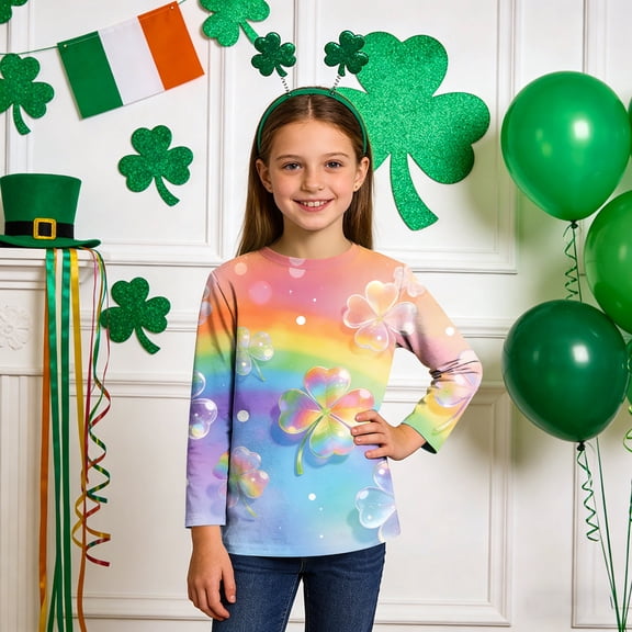 VOONCAS Girls Shirts Casual Long Sleeve Print St. Patricks Day Crew Neck Multicolor Shirts for Girls Size 4 T