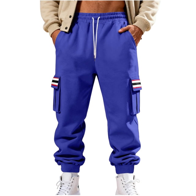 Lovzfmll Men's Retro Striped Fleece Joggers, Solid Color Base, Heavy Pile, Drawstring Waist, Pockets for Warmth Blue, XL