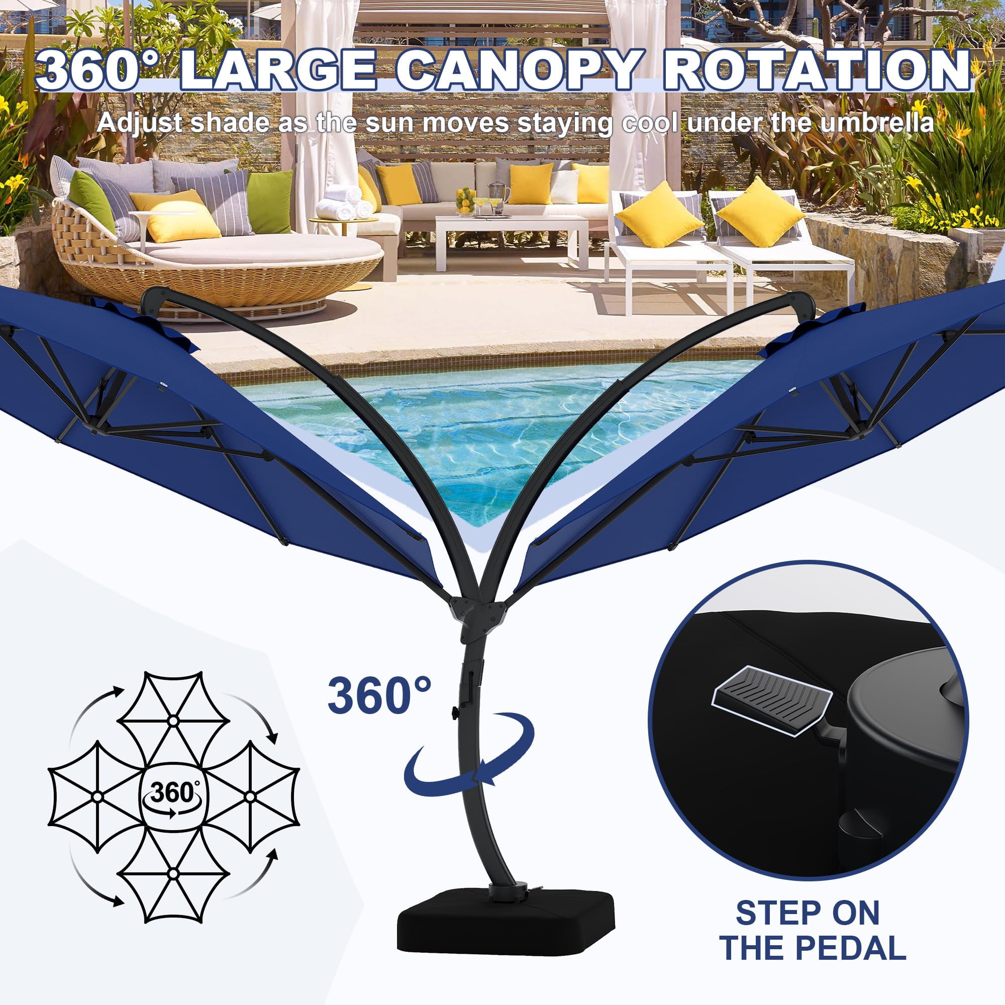 11FT Cantilever Patio Umbrella With Base Included, Round Large Aluminum Outdoor Cantilever, Heavy Duty Offset Umbrella with 360°Rotation for Pool, Deck, Backyard, Garden