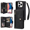 thumbnail image 1 of SaniMore for iPhone 14 Pro 6.1" 2022 Case, PU Leather 2 in 1 Zipper Wallet Removeable Wrist Strap Card Slots Cash Pocket Kickstand Shockproof Anti-fall Full Protective Shell For iPhone 14 Pro, Black, 1 of 15