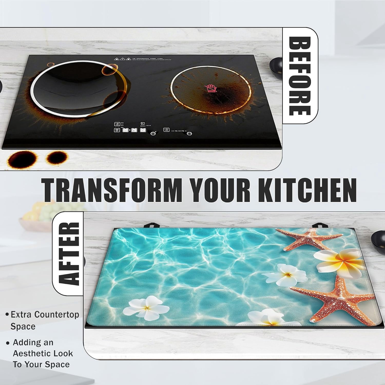 Electric Stove Top Cover,Sea Starfish Stove Cover for Glass Top Electric Stove,Summer Flower Heat Resistant Flat Top Stove Mat Countertop Protector, 28 x 20 Inch