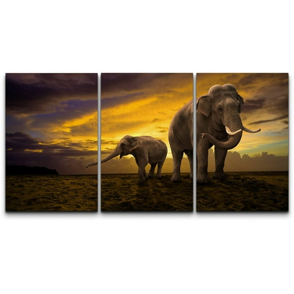 wall26 Canvas Print Wall Art Set African Elephants in Dark Sunset Landscape Nature Wilderness Photography Realism Chic Scenic Relax/Calm Multicolor for Living Room, Bedroom, Office - 16"x24&quot