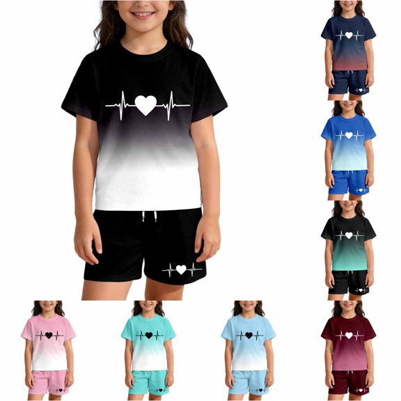 CUZIBR Toddler Gradient Letter Print Summer Outfit Sets O-Neck Short Sleeve T-Shirts Shorts Kids Girls Casual Two Piece Clothes Sets,Black1,11-12 Years