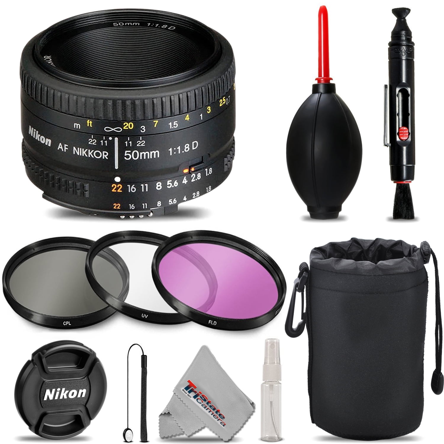 Nikon AF NIKKOR 50mm f/1.8D Lens + UV + FLD + CPL + Blower Brush + Lens