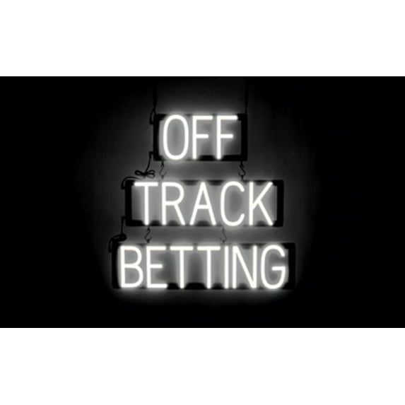 SpellBrite OFF TRACK BETTING LED Sign for Business. 24.1" x 23.8" White OFF TRACK BETTING Sign Has Neon Sign Look With Energy Efficient LED Light Source. Visible from 500+ Feet, 8 Animation Settings.