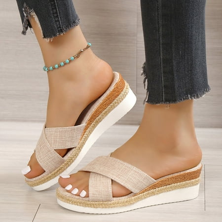 

Cathalem Mesh Slippers for Women Ladies Fashion Solid Color Cloth Belt Open Toe Casual Leather Slippers for Women Memory Foam Beige 6.5