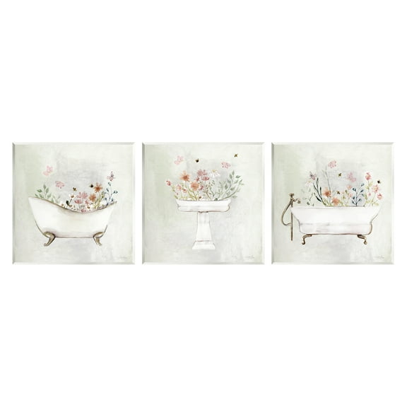 Stupell Industries Soft Floral Bathroom Scenes Botanical & Floral Painting Unframed Art Print Wall Art, 12 x 12, Set of 3