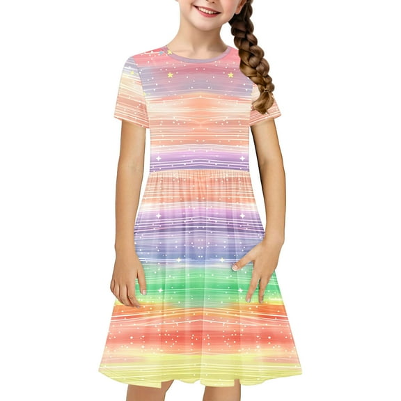 Girls Short Sleeve Basic Skater Dress Kids Dress Toddler Skater a Line Color Printed Dress T-Shirt Dress for School Casual Flowy Sundress Girls Long Sleeve Winter Dresses Multicolor 7Y