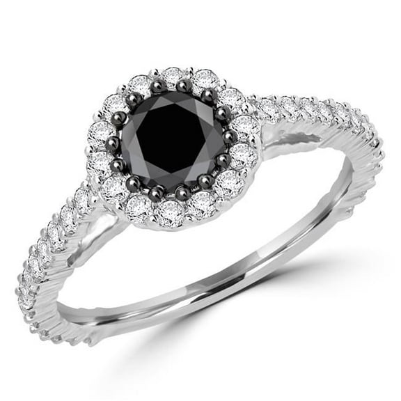 MDR170031-7.25 1.05 CTW Round Black Diamond Halo Engagement Ring in 10K White Gold with White Diamond Accents - 7.25