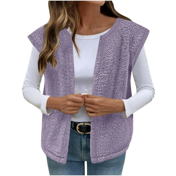 Plebaso Womens Fuzzy Fleece Vest Sleeveless Open Front Sherpa Jacket Comfy Lightweight Casual Outerwear