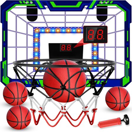 Indoor Basketball Hoop - Over The Door Mini Hoop with LED Scoreboard, Lights & Sound, Includes Balls