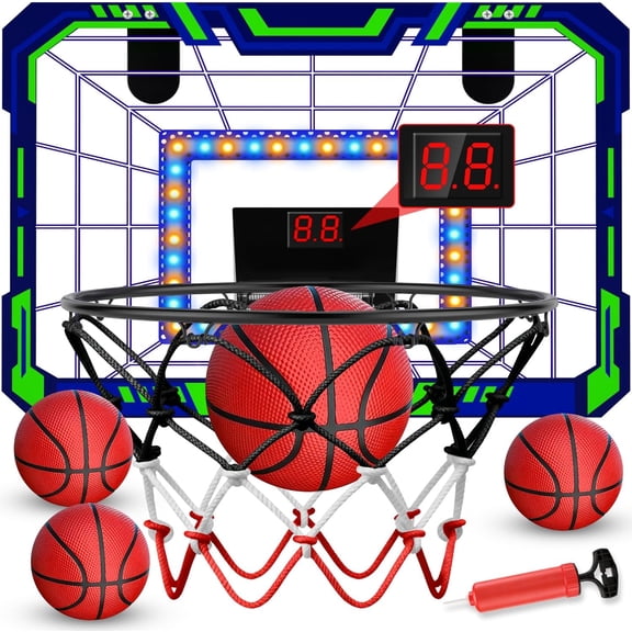 Indoor Basketball Hoop - Over The Door Mini Hoop with LED Scoreboard, Lights & Sound, Includes Balls