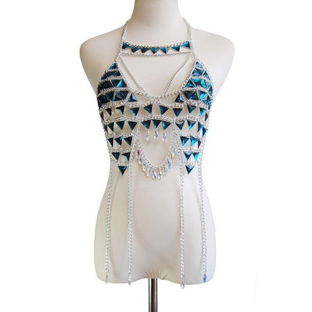 Women Body Belly Chain Bra Body Jewelry - Blue Crystal Rhinet Body