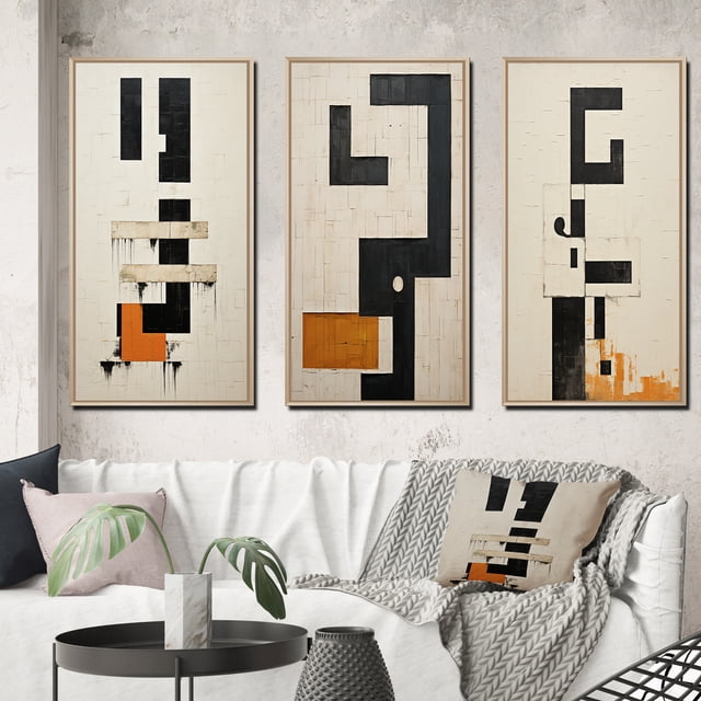 Designart "Abstract Monochrome Minimalism New Order V" Modern Geometric Framed Wall Art Set Of 3 - Black Abstract Frame Gallery Wall Set For Home Decor