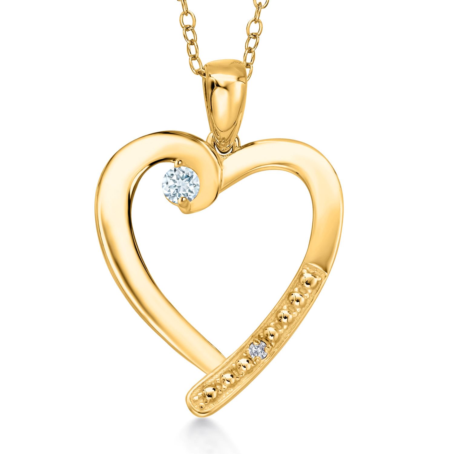 Gem Stone King 18K Yellow Gold Plated Silver Sky Blue Aquamarine and Lab Grown Diamond Heart Pendant Necklace for Women | 0.19 Cttw | Gemstone March Birthstone | Round 3.5MM | With 18 inch Chain
